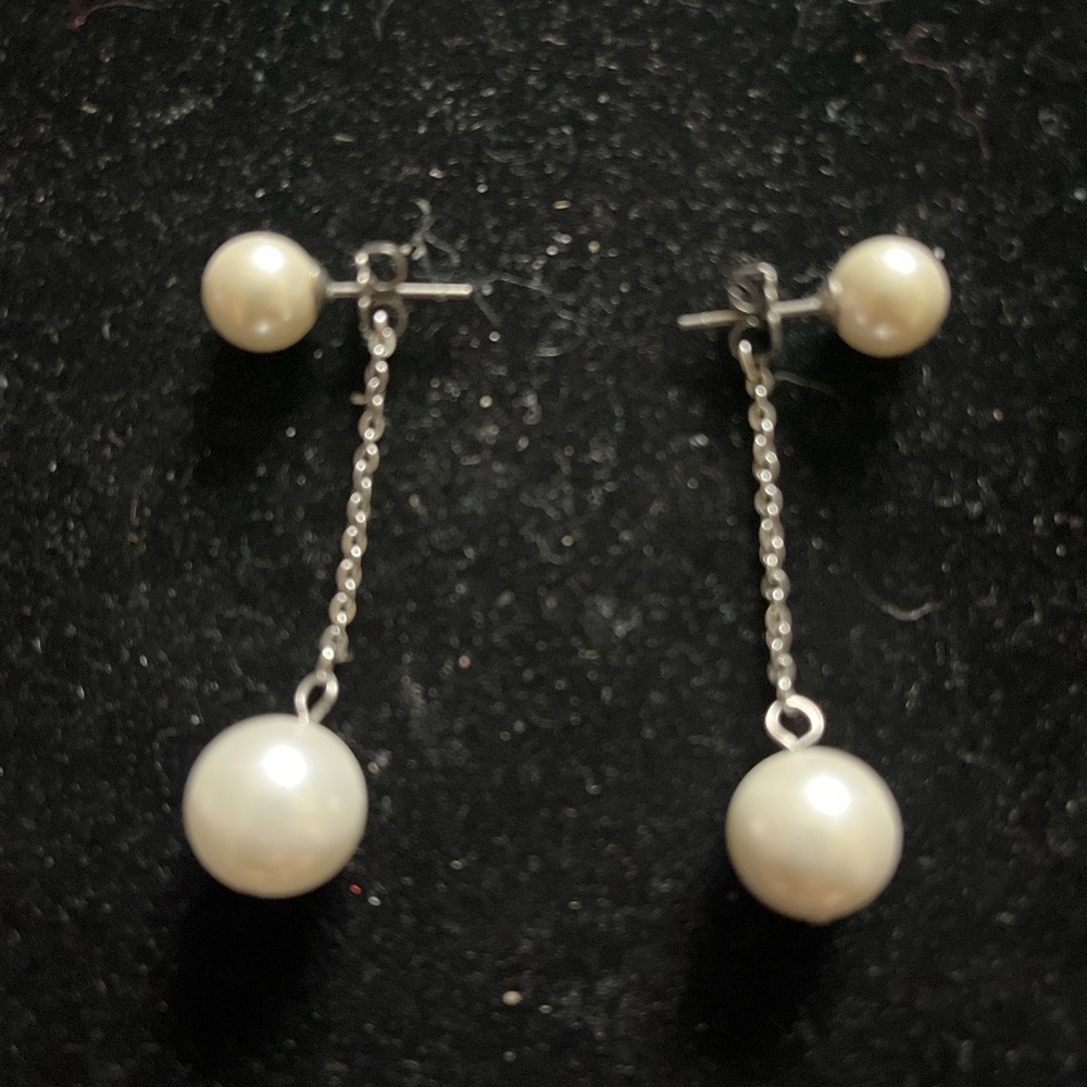 Tini Lux Silver and White Pearl Drop Earrings - Picture 6 of 16